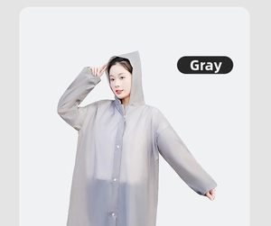 Close-up of grey EVA raincoat with adjustable hood drawstring and snap button closure