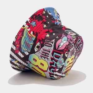 Detail of colorful graffiti bucket hat with 80s pop art style and side view perspective