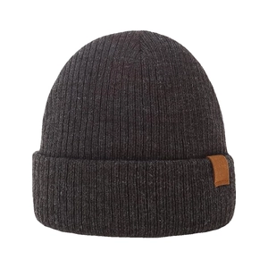 Deep gray ribbed knit beanie with brown leather patch on a clean white background
