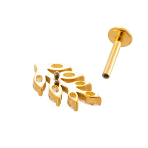 Titanium gold crown leaf labret stud with clear cubic zirconia insets for body piercing