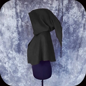 Women's black hooded Christmas capelet with medieval witch cosplay style and long pointed hood