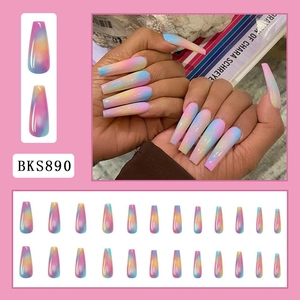 Detailed view of rainbow gradient long coffin press-on nails in various sizes