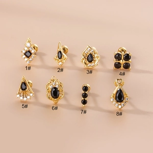Set of 8 vintage gold-plated stainless steel stud earrings with black zircon stones