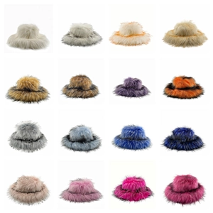 Grid display of thick faux fur bucket hats in various vibrant colors for winter fashion