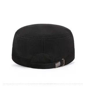Rear view of black wool winter flat cap with adjustable metal buckle strap detail