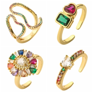 Adjustable Open Rings For Women Copper Gold Plated Colorful Zircon Heart Star Moon Geometric Fashion Jewelry Accessory