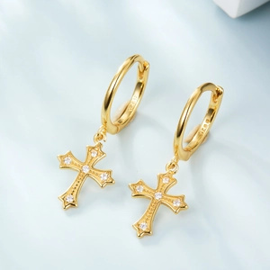 S925 sterling silver gold cross hoop earrings with sparkling micro-paved zirconia stones