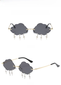Front and 45-degree side view of grey cloud shaped rimless sunglasses with lightning charms