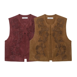 Women Ethnic Floral Embroidery Faux Suede Vest Open Front Sleeveless Vintage Boho Waistcoat Outwear Cardigan