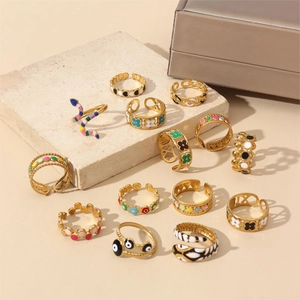 15pcs bohemian 18k gold plated colorful enamel dripping oil snake ring set for women
