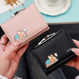 Women Short Wallet PU Leather Trifold Kiss Lock Cute Cartoon Corgi Print Compact Multi Slot Card Holder Coin Purse
