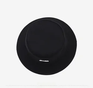 Top view of black canvas bucket hat with white Seattle letter embroidery on the brim