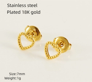 Macro shot of 7mm hollow heart stud earrings in 18K gold plated stainless steel