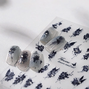 Retro butterfly and flower embossed nail art stickers with vintage birdcage design