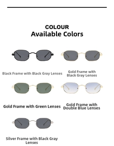 Detailed grid view of geometric hexagonal sunglasses in multiple gradient metal frame colors