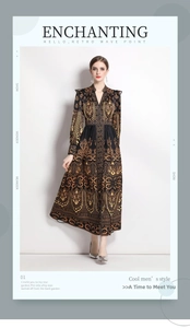 Detail of vintage V-neck maxi dress featuring intricate baroque floral patterns and puff sleeves