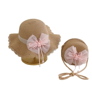 Girls summer straw sun hat and matching mini round bag set with pink bunny bow decor