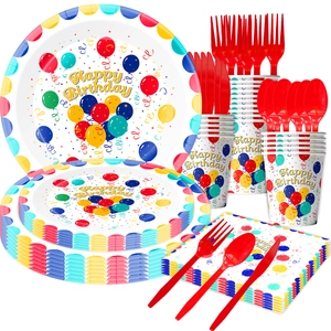 Happy Birthday party supplies set with balloon patterns and colorful wavy edge plates