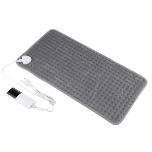 Close-up of soft dark grey heating pad fabric with EU plug and digital controller