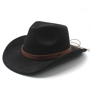 Classic black Western cowboy hat with brown embossed ethnic band on white background