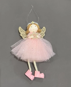 Detail of pink Christmas angel ornament with mesh skirt, pearl crown and golden star