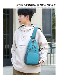 Detail of teal outdoor crossbody bag with multi-layer zipper pockets and canvas texture