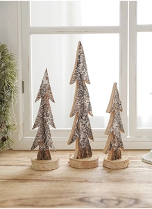 Three-piece set of natural bark Christmas tree ornaments with snow coating and round wood base