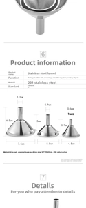Three-piece stainless steel funnel set with dimensions and side hanging ears