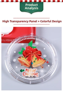 Detail view of transparent LED Christmas light pendant with festive bell and bow print