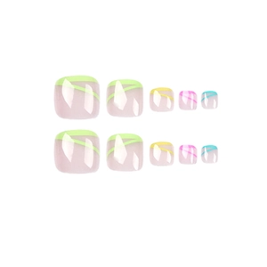 Press on toenails featuring colorful four-color curved lines on translucent base