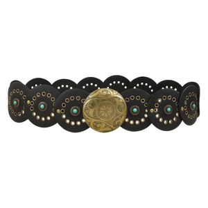 Ceinture rétro en cuir noir avec incrustations turquoise et boucle dorée gravée