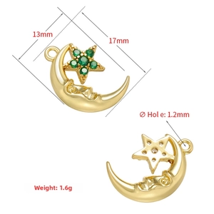 Detail of gold moon and star pendant with green zircon inlay including size measurements