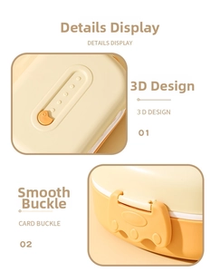 Detail view of the 3D cartoon sliding pattern and smooth card buckle of the lunch box