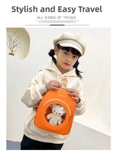 Detailed view of kids orange bear backpack with transparent window and plush teddy insert