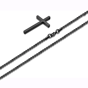 Detail view of a black stainless steel Latin cross pendant with a matching box chain necklace