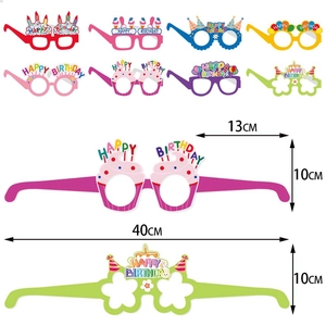 Various colorful paper birthday party glasses with Happy Birthday text and size details