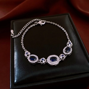 Bracelet En Cuivre Avec Strass Ovale Bleu Et Zircon Blanc Style Cour Française Vintage Élégant Réglable Pour Femmes