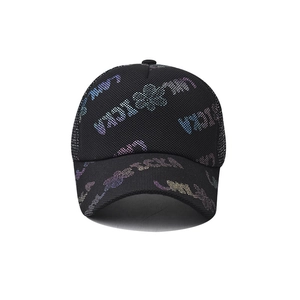 Breathable black trucker hat with colorful reflective Lucky print and mesh back panels