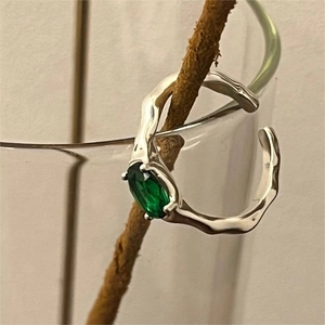 925 Sterling Silver Ring Oval Green Gemstone Irregular Liquid Texture Open Adjustable Simple Korean Style Jewelry For Women