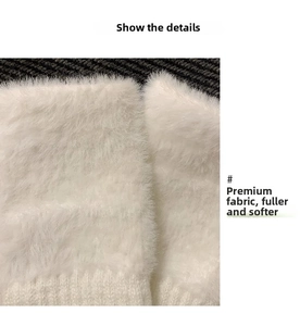 Macro shot of fluffy white faux fur texture and ribbed knit cuffs on warm winter gloves