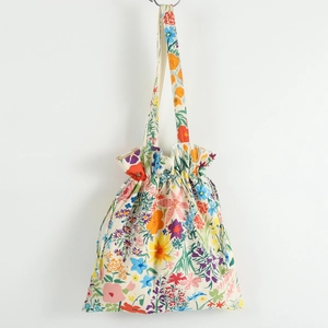 Floral Print Cotton Canvas Shoulder Bag Drawstring Closure Large Capacity Fresh Pastoral Style Handbag For Women