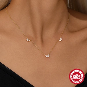 S925 sterling silver butterfly necklace with geometric zircon pendants for women