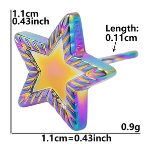 Detailed view of iridescent star earring showing 1.1cm dimensions and 0.9g weight specs