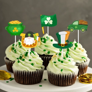 St. Patrick's Day cupcake toppers featuring leprechaun hats and shamrock clover designs