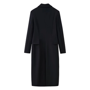 Back view of a black long wool coat with a slim fit waist and detailed back paneling