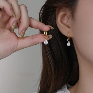 Elegant S925 sterling silver hoop earrings with clear teardrop zircon dangles in gold finish
