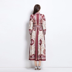 Elegant palace style long sleeve maxi dress featuring baroque patterns and high collar