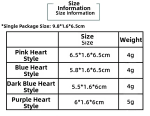 Detailed size specification table for snowflake rhinestone hair clips in various colors
