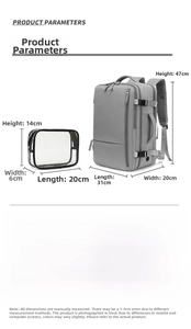 Waterproof grey business backpack with detailed dimensions and separate toiletry bag
