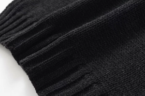 Gros plan sur la texture du tricot noir montrant les détails des côtes et des fibres
